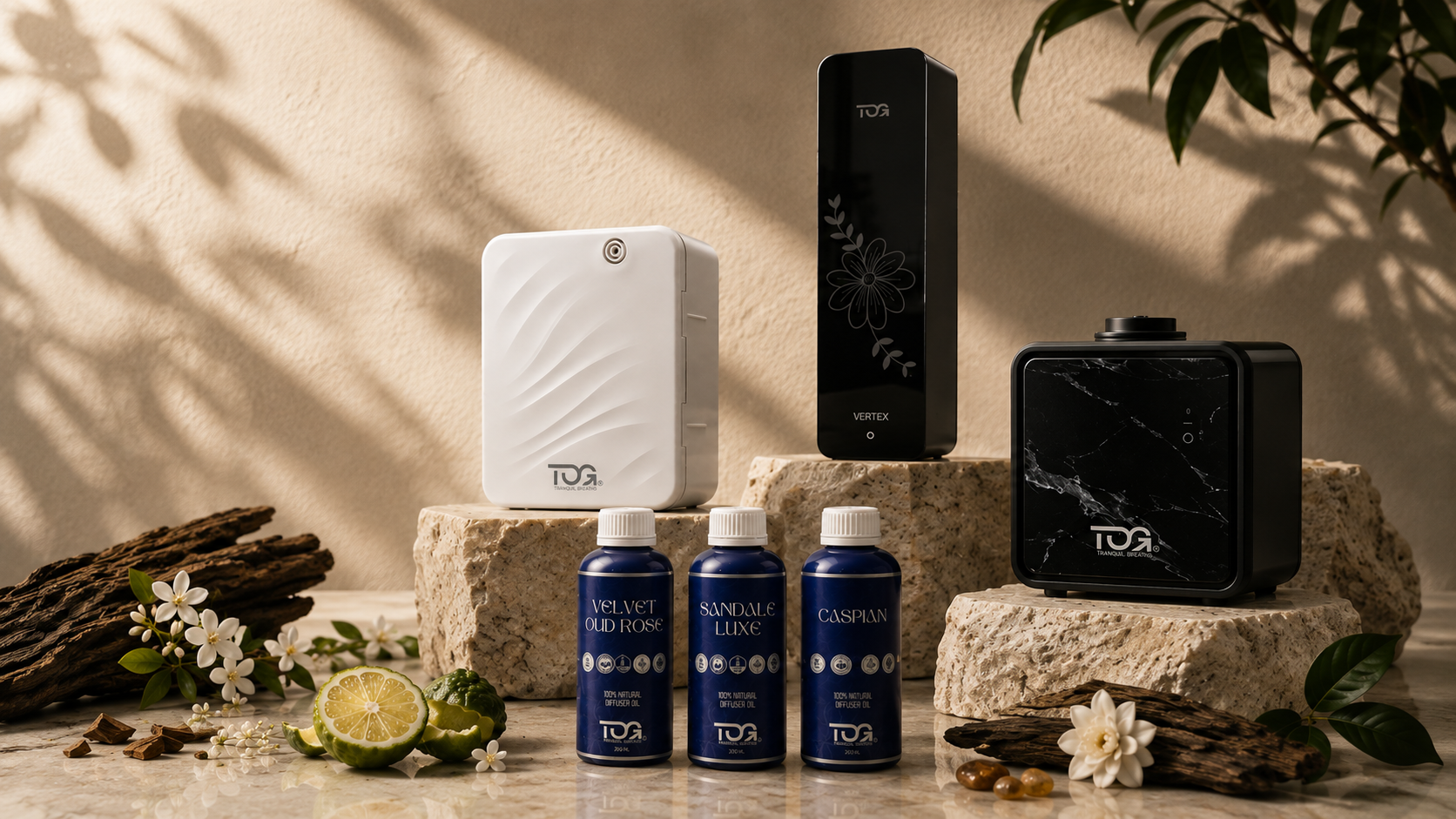 TOG diffuser machines and Velvet Oud Rose, Sandale Luxe and Caspian diffuser oils arranged on travertine stone